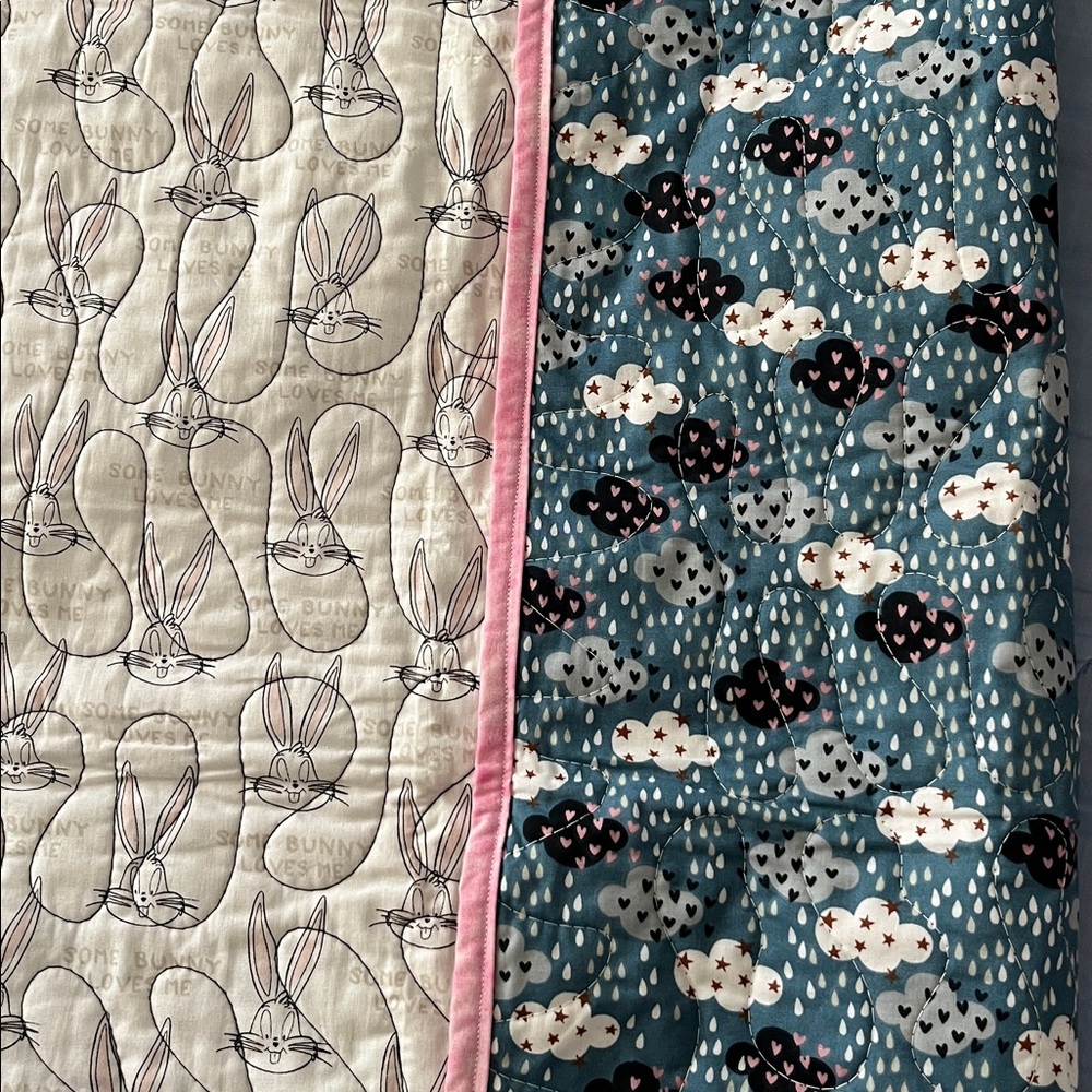 Reversible Lightweight Lap Quilt Looney Tunes Some Bunny Loves Me Rain Clouds